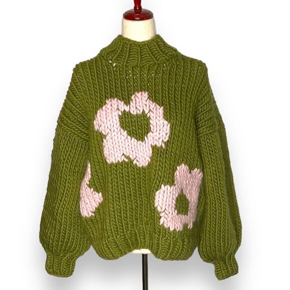 The Knitter. Green Pink Floral Chunky Knit Balloon Sleeve Mockneck Sweater - Picture 2 of 6